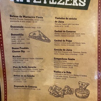 Mariachis - a menu for a mexican restaurant - Mexican Near Me - Ottawa, Illinois