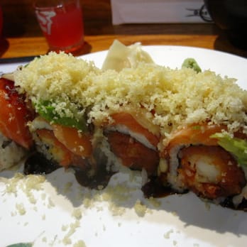 Ginzaya - Corona roll! Spicy tuna with shrimp tempura topped with salmon, avocado, and crunch (: - Japanese Near Me - La Mirada, California Ginzaya - Corona roll! Spicy tuna with shrimp tempura topped with salmon, avocado, and crunch (: - Japanese Near Me - La Mirada, California