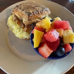 Bacon, Egg, and Cheese Biscuit with side of fruit Bacon, Egg, and Cheese Biscuit with side of fruit