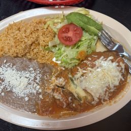 Chile Rellenos - homemade sauce- the real deal beans and rice too.