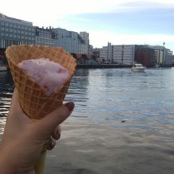 Hennig Olsen Is - Strawberry ice cream in a waffle cone.