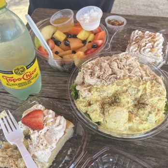 Agricole - Top: Assorted fruit; right: potato salad w/ chili and greens; bottom: tres lecche cake. - Fruits & Veggies Near Me - Pescadero, BCS Agricole - Top: Assorted fruit; right: potato salad w/ chili and greens; bottom: tres lecche cake. - Fruits & Veggies Near Me - Pescadero, BCS