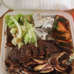 Pearl's Korean BBQ - Pearl' Special.  2 pieces of  Kalbi, bbq chicken,  teri berf, 1 mando, 1 piece eggplant.  Huge!  Big side portions too!