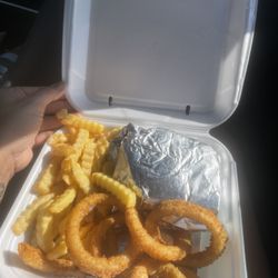 Cook Out - Cheeseburger tray with fries and onion rings