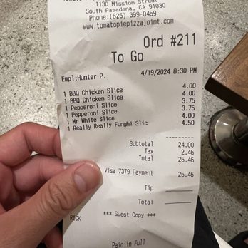 Tomato Pie Pizza Joint - Receipt for 6 slices - Pizza Near Me - South Pasadena, California