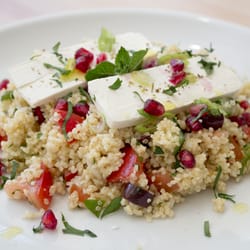 Seb & Mili - Super salad with quinoa, couscous, feta, cucumber, pomegranate, lemon, herbs & olives