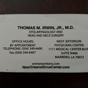 Irwin Thomas M Jr MD - Doctor Business Card - Ear Nose & Throat Near Me - Marrero, Louisiana