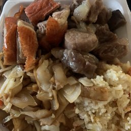 Sweet sour spare ribs and duck with half fried rice and half chow fun