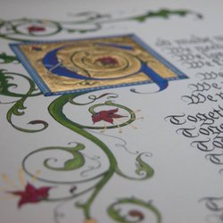 ThistleWork Design Calligraphy Studio - Illuminated letters give any piece an air of significance. Paired here with "Gothic" (or Blackletter) text, nested in 24K gold leaf.