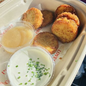 Loveski - Mini latkes with apple sauce and sour cream with chives. - Delis Near Me - Larkspur, California Loveski - Mini latkes with apple sauce and sour cream with chives. - Delis Near Me - Larkspur, California