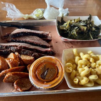 Gatlin's BBQ - 2 Meat Plate: Brisket and Spicy Sausage, Collards and Mac n Cheese. - Barbeque Near Me - Houston, Texas