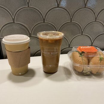 Green Beans Coffee - Left: Chai Latte, Middle: Mother of All Coffees, Right: Chicken Pesto Sandwich - Coffee & Tea Near Me - San Francisco, California