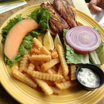 Buffalo Nickel - Fish sandwich, fries and a cantaloupe slice - Pizza Near Me - Avalon, California