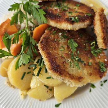 Dutch Garden Restaurant - Vegetarian celeriac schnizel with warm potato salad, sauerkraut and carrots. Swooon! - German Near Me - Santa Barbara, California