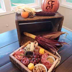 Board'n'Bacon - "The Potbelly" - Medium Board; Serves 6-8 2 cheese, 2 meats, pickles, candied nuts, fruit/edible garnish; Choice of 3 homemade sides.