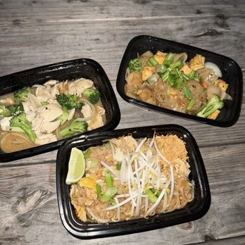 Thai-Licious - J1. Pad Ga-Prow (left), N1. Pad Thai Noodles (center), N3. Pad Kee Maow Noodles (right) - Thai Near Me - Austin, Texas Thai-Licious - J1. Pad Ga-Prow (left), N1. Pad Thai Noodles (center), N3. Pad Kee Maow Noodles (right) - Thai Near Me - Austin, Texas