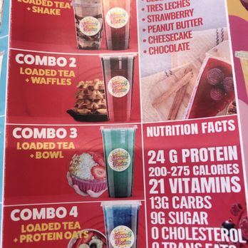 Vibrant Fusion - Menu - Menu from Vibrant Fusion displays four combo options with loaded teas, shakes, and toppings such as waffles, bowls, and protein oats. The menu also lists cheesecake shake flavors including blueberry, strawberry, peanut butter, and chocolate. Nutrition facts highlight high protein content, calories, vitamins, and minimal carbs, sugar, cholesterol, and trans fats. - Juice Bars & Smoothies Near Me - Hoffman Estates, Illinois