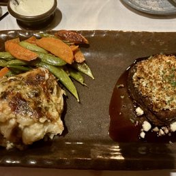 blue cheese encrusted filet w/3-cheese rustic gratin potatoes, snow peas and carrots blue cheese encrusted filet w/3-cheese rustic gratin potatoes, snow peas and carrots