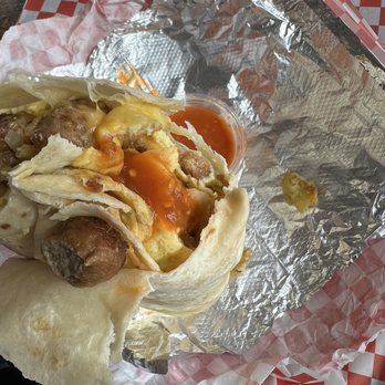 Burger Point - Breakfast burrito with sausage and side of salsa - Burgers Near Me - Riverside, California
