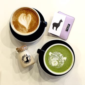 Bibble & Sip - Lavender latte (4.50), Matcha Jasmine Latte (4.75) and Earl Grey Pana Cotta (3.90) - Coffee & Tea Near Me - New York, New York