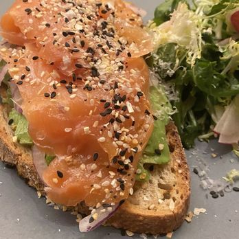 ETA Restaurant + Bar - Avocado Toast with Salmon, everything bagel seasoning and side salad - New American Near Me - Chicago, Illinois ETA Restaurant + Bar - Avocado Toast with Salmon, everything bagel seasoning and side salad - New American Near Me - Chicago, Illinois