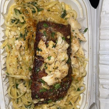 MLK Deli - Chef's special salmon topped with crab meat and some kind of Alfredo lemon sauce - Delis Near Me - Washington, DC, District of Columbia MLK Deli - Chef's special salmon topped with crab meat and some kind of Alfredo lemon sauce - Delis Near Me - Washington, DC, District of Columbia