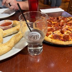 Portneuf Valley Brewing - Meat Lovers Pizza, house made pretzel