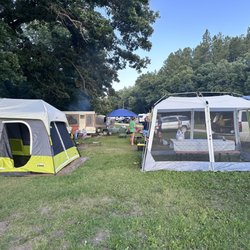 Spokane Creek Cabins & Campground - Our tent and picnic table canopy, plenty of room for both
