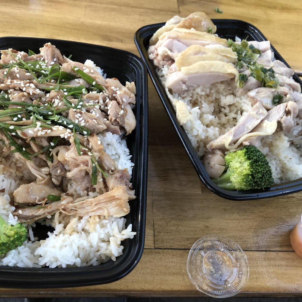 Hawker Station PDX - Right is the Hainan chicken rice.  Left is jerked chicken over rice - Hainan Near Me - Portland, Oregon