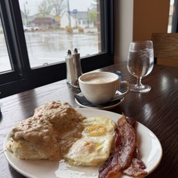 Biscuits and gravy, double shot cappuccino, wonderful peaceful view.