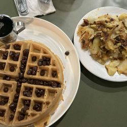 Frog Pond - Chocolate Chip waffle with side of potatoes