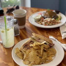Blue Surf Cafe - Pineapple Basil Infused Lemonade, Hot coffee - Small, Cubano Sandwich, Salt and Pepper Chips, Black bean burger, Marinated Chickpeas.