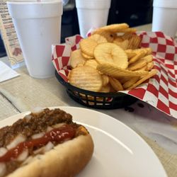 Walt's Original Coney Island - Coney (I added Ketchup) and Chip Fries