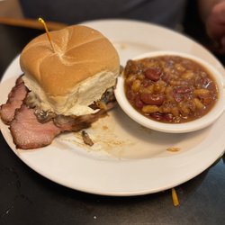 Wingman Brew 'N Que - Smokehouse special sandwich and ranch beans