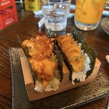 Phat Thaiger - Uni hand roll and salmon(cooked?!)  hand roll - Thai Near Me - Malden, Massachusetts