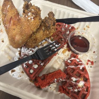Pretty Tasty Pasta - Fried chicken wings and red velvet waffle. Perfect lunch to put you in a food coma - Caterers Near Me - Dallas, Texas Pretty Tasty Pasta - Fried chicken wings and red velvet waffle. Perfect lunch to put you in a food coma - Caterers Near Me - Dallas, Texas