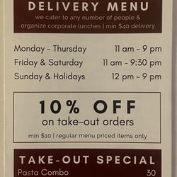 Menu: 10% off if you order ahead and pick up.