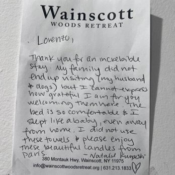 380 Inn - 2025 -Thank You Note - Wainscott Woods Retreat - Bed & Breakfast Near Me - Wainscott, New York