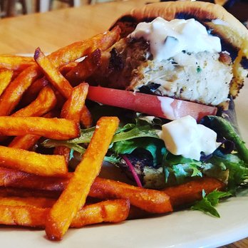 Flip Flops Grill + Chill - Crabcake sandwhich with sweet potato fries. - Caribbean Near Me - Virginia Beach, Virginia Flip Flops Grill + Chill - Crabcake sandwhich with sweet potato fries. - Caribbean Near Me - Virginia Beach, Virginia