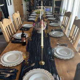 Runners, napkins, plates, amber goblets, and chargers courtesy of Circa. We also rented the far end table and set of chairs. Runners, napkins, plates, amber goblets, and chargers courtesy of Circa. We also rented the far end table and set of chairs.