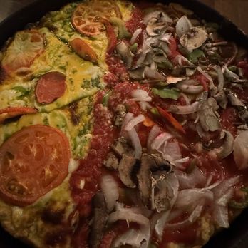 Pizzeria Uno - Deep Dish Pizza - half four cheese pesto and other half veggie - Pizza Near Me - Chicago, Illinois