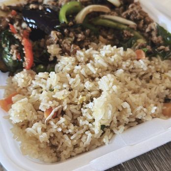 Baan Thai - Large combo spicy eggplant chicken and spicy thai basil chicken with fried rice - Thai Near Me - Santa Maria, California