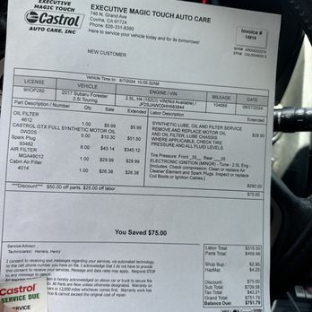 Castrol Quick Lube Center Executive Magic Touch Auto Care - Executive Magic Auto Care. Tune-up bill for Subaru Forester. - Car Window Tinting Near Me - Covina, California Castrol Quick Lube Center Executive Magic Touch Auto Care - Executive Magic Auto Care. Tune-up bill for Subaru Forester. - Car Window Tinting Near Me - Covina, California