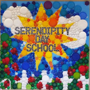 Serendipity Day School - Many art projects are done using recycled materials. This amazing sign was created by our Pre-K students, and is made out of bottle caps. - Child Care & Day Care Near Me - Albuquerque, New Mexico