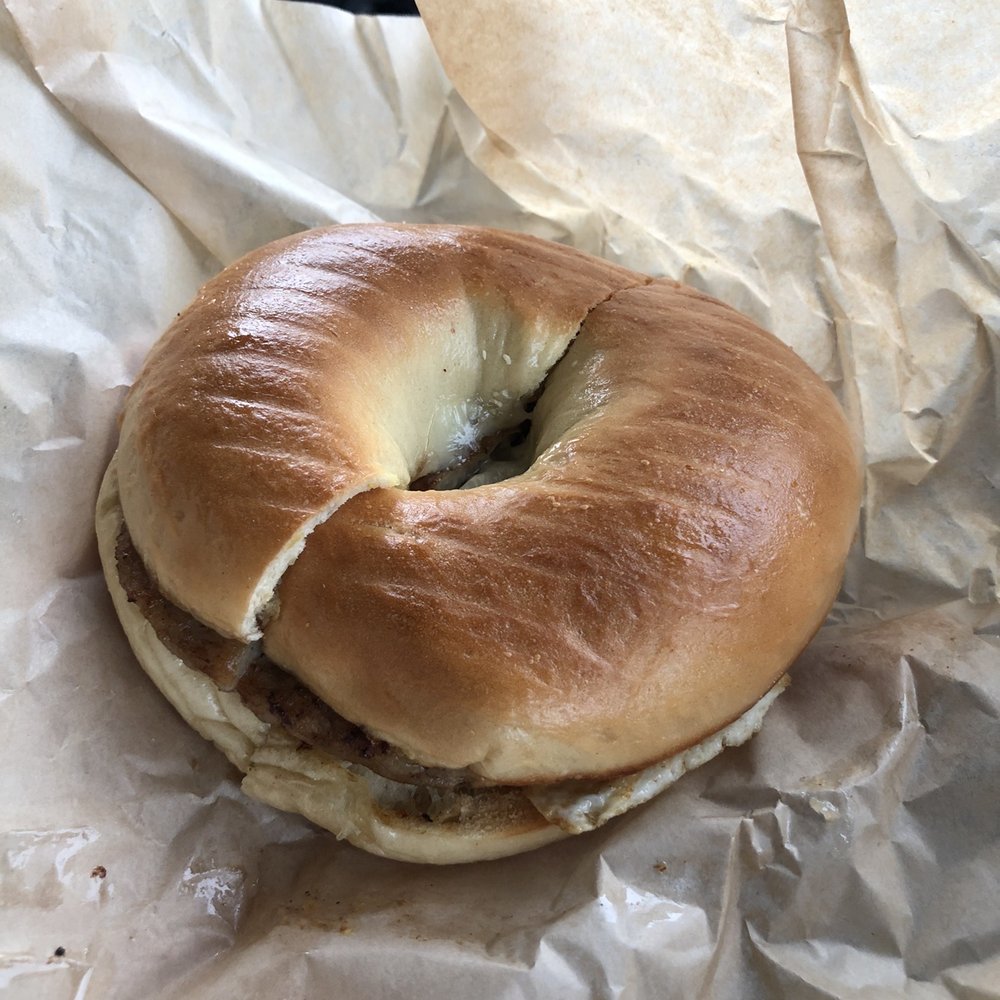 Sausage egg and cheese on a bagel Sausage egg and cheese on a bagel