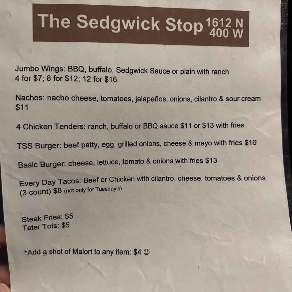 The Sedgwick Stop - Limited menu during game - American Near Me - Chicago, Illinois The Sedgwick Stop - Limited menu during game - American Near Me - Chicago, Illinois