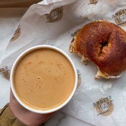Salted caramel apple chai latte and maple bagel with cream cheese