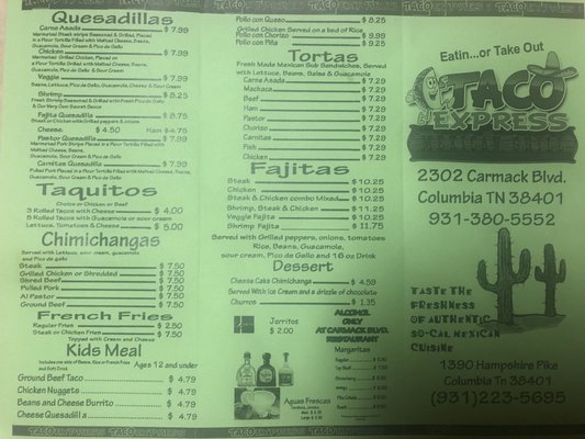 Menu photo 1 Taco Express Columbia, TN Menu photo 1 Taco Express Columbia, TN
