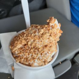 Sugar-free and dairy-free frozen yogurt with not only walnuts but mixed nuts on top Sugar-free and dairy-free frozen yogurt with not only walnuts but mixed nuts on top