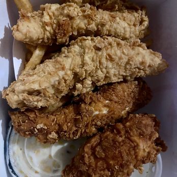 Happy Chicks - 4 pieces tenders, half original and half spicy with gravy for dipping sauce, fries  and side of Fire Roasted Cream Corn. - Chicken Shop Near Me - Georgetown, Texas
